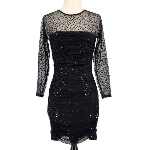 Tadashi Shoji Illusion Bodice Sequin Mesh Sheath Dress XS Black - Picture 2 of 8